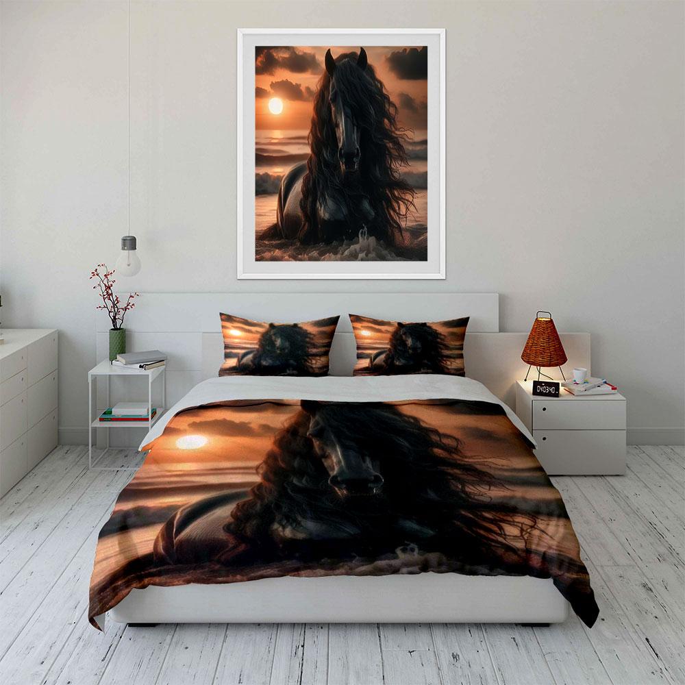 "Horse Sunset Beach Decor Set" Bedding Set with 1 Duvet Cover 2 Pillowcases Single Double King Queen, Gift