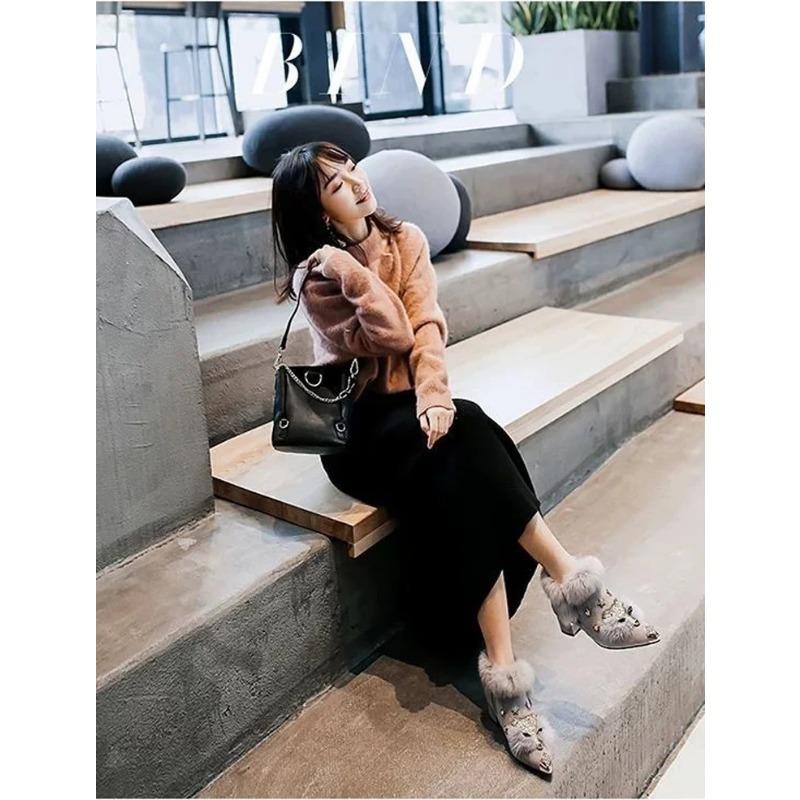 Женские ботильоны с кристаллами в виде головы лисы, женские сапоги, зимняя мода, металлический острый нос, пушистый плюш, высокий каблук, женская обувь для свадебной вечеринки