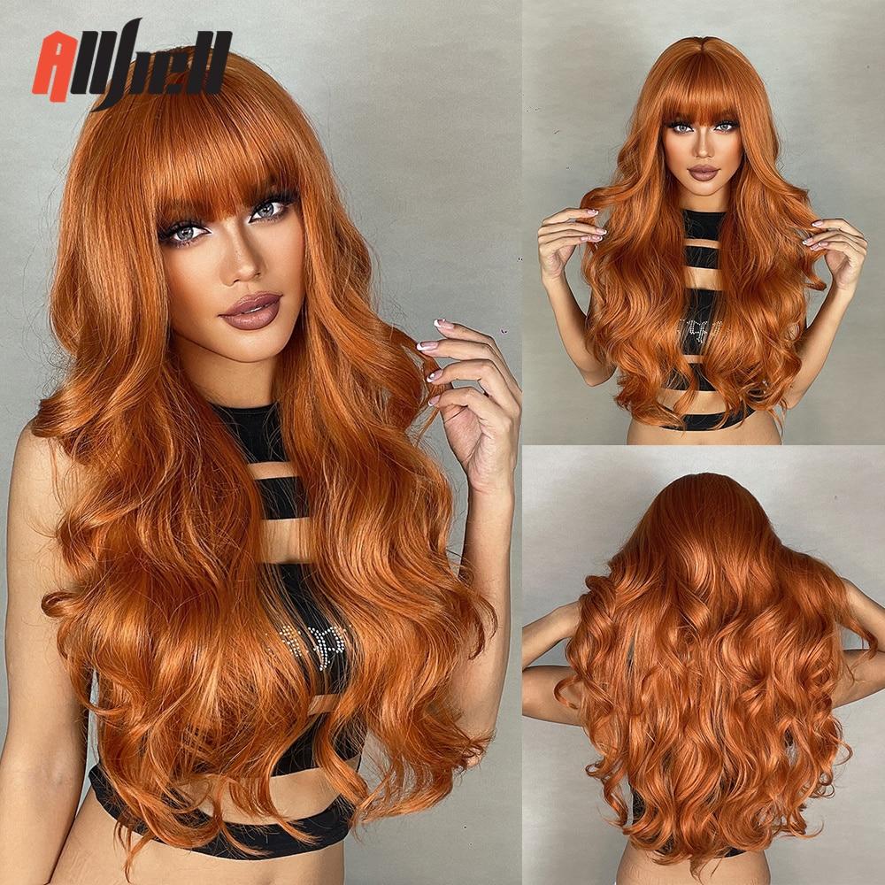 Длинные коричневые синтетические парики Натуральная волна Темно-коричневый парик с челкой Повседневные волосы для косплея для чернокожих женщин Термостойкие волнистые парики