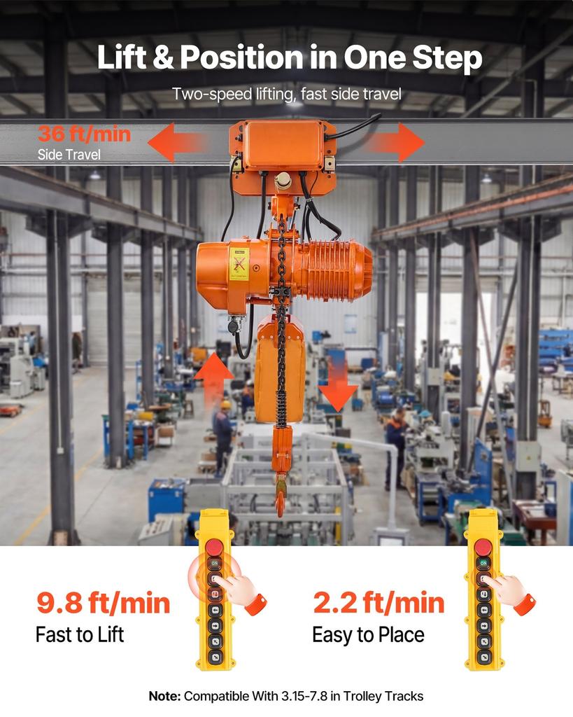 2000 kg Electric Chain Hoist, 6.1 m Lifting Height, Three-Phase Overhead Crane with 100 m Wireless & 4.8 m Wired Remote Control, Double G100 Chain