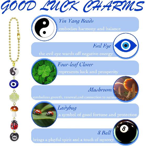 Evil Eye Car Hanging Ornament,Good Lucky Days Car Charm,8 Ball Mushroom Four-Leaf Clover Pendant for Car Rear View Mirror,Cute Boho Evil Eye Ladybug