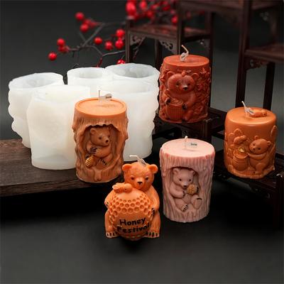 3D Форма для свечей из силикона 'Медведь в дупле дерева', Сделай сам, Обнимающий медведь, Горшочек с медом, Дизайн пчелиных сот, Ароматерапевтические свечи, Гипсовое мыло, Домашний декор