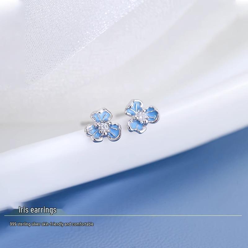 999 Sterling Silver Blue Iris Flower Stud Earrings for Women - Elegant and Trendy Birthday Gift for Her