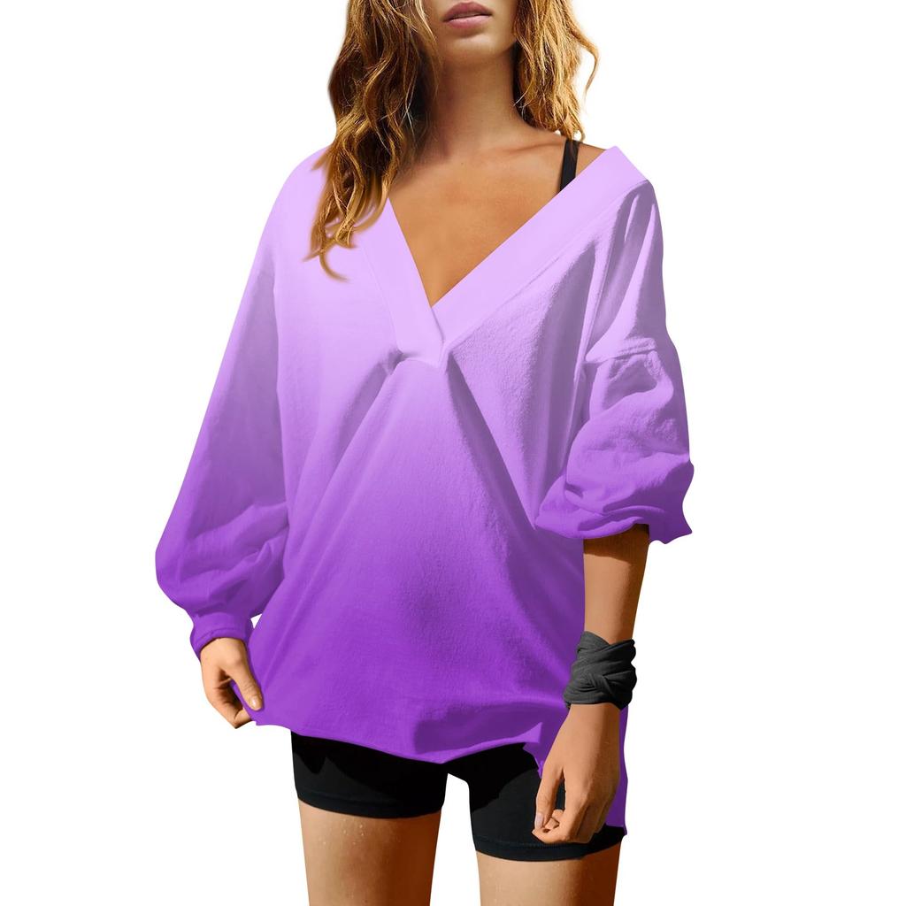 Женская мода градиентный цвет V-образный вырез длинный рукав свободный пуловер свитшот топ