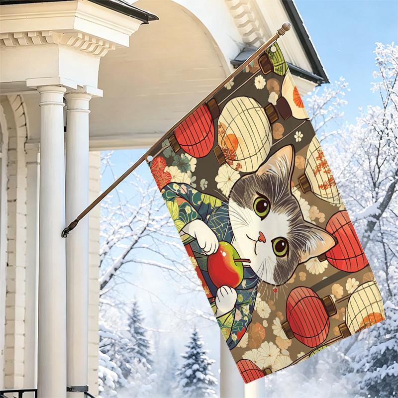 2D Flat - 2D Flat - 1pc 2D Flat, Decorative Flag, Japanese Style Cute Cat Holding Apple Pattern Flag, Retro Lantern Background Floral Print Hanging Ba