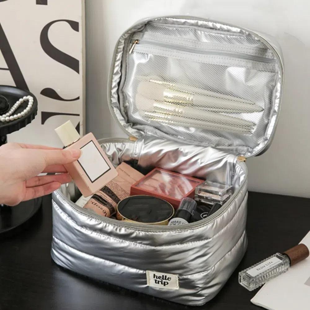 Large Capacity Quilting Cotton Makeup Bag Shock Resistance Waterproof Portable Cosmetics Storage Bag INS Square
