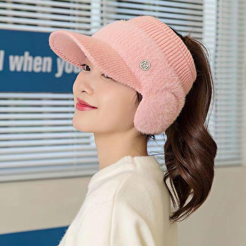 Женская шерстяная зимняя вязаная шапка в корейском стиле с защитой ушей и теплой вельветовой подкладкой
