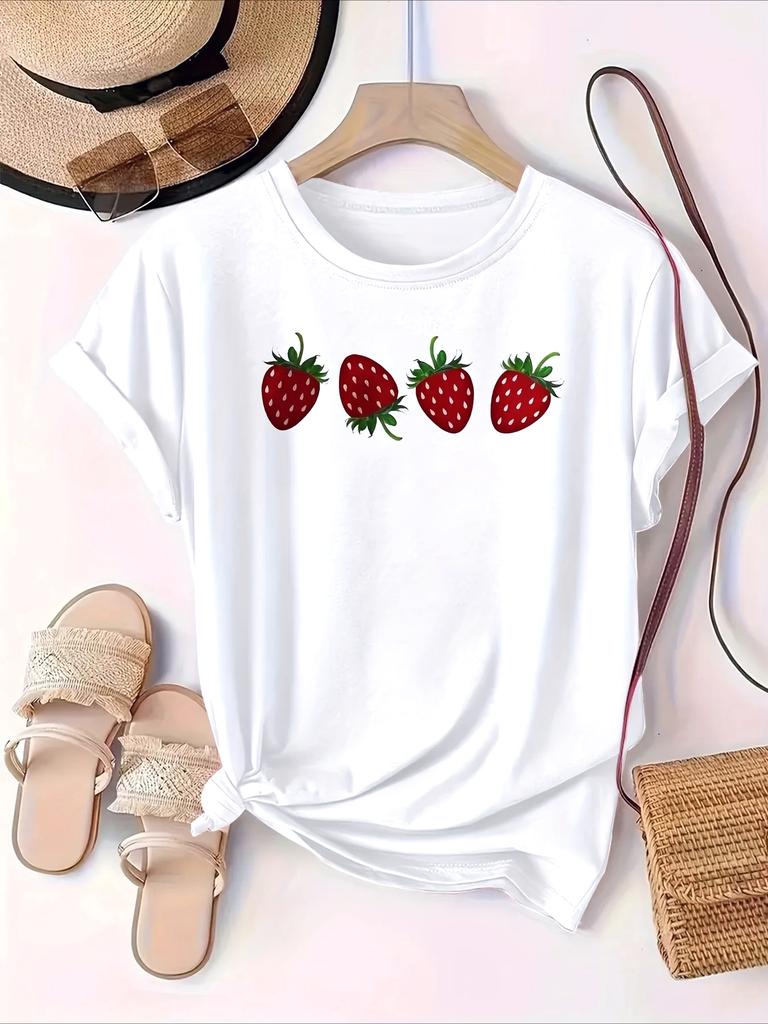 Women's Casual Short Sleeve with Red Strawberry Print Round Neck Breathable Cute T-shirts Harajuku Short Sleeve Casual Y2k Tops