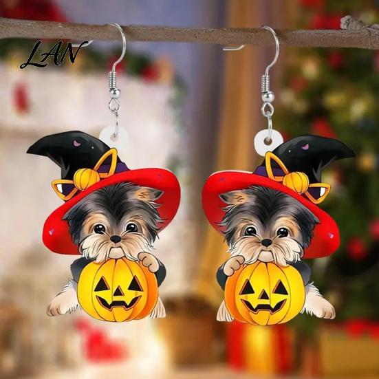Cute Halloween Gift for Her Witch Hat Puppy Earrings, Dog Pumpkin Drop Fashionable Acrylic Earrings Lightweight Jewelry, Accessories Women Girls