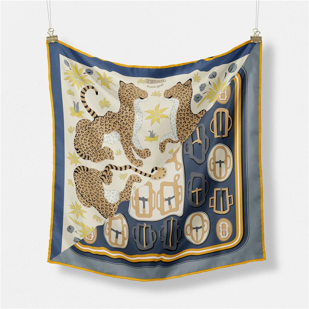 Twill Silk Scarf Woman Leopard Belt Print Square Scarves Wraps Bandana Small Hijab Foulards Lady Tie Headband Neckerchief 53CM