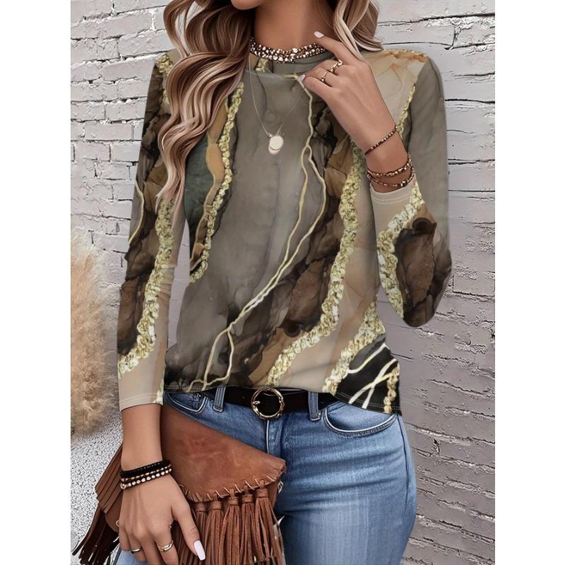 Women's T-shirt 3D Retro Marble Print Fashion Long Sleeve Round Neck Regular Top Holiday Weekend Spring Autumn
