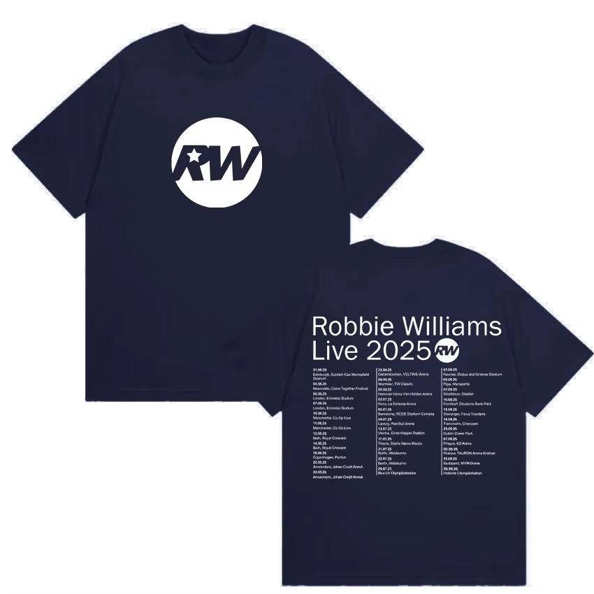 Robbie Williams Live Rw Tour 2025 Merch T Shirts Mens Vintage High Quality Cotton TShirt Man Hip Hop ONeck Clothing Tshirts