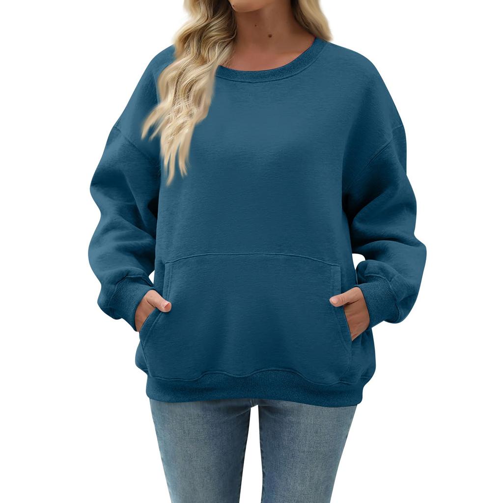 Women's Casual Fashion Long Sleeve Solid Color Round Neck Sweatshirt Top With Pocket
