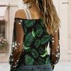 Plus Size Women Diagonal Shoulder Long Sleeve Top Tropical Hibiscus Butterfly Print Mesh Lace Splicing Blouse