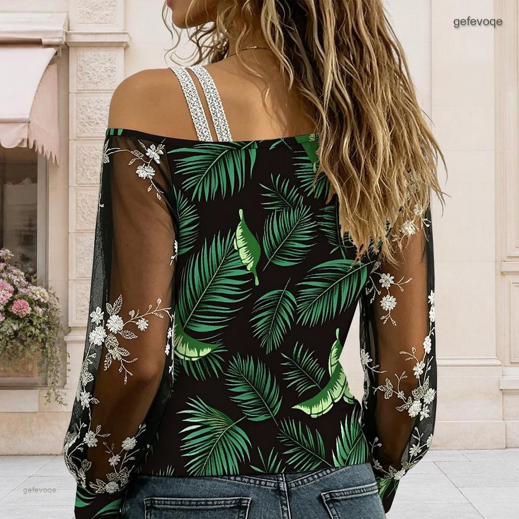 Plus Size Women Diagonal Shoulder Long Sleeve Top Tropical Hibiscus Butterfly Print Mesh Lace Splicing Blouse