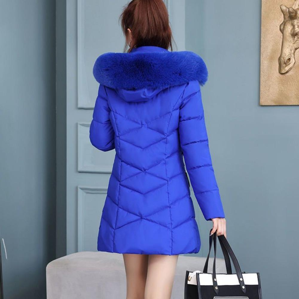 Женская приталенная зимняя одежда в иностранном стиле со большим меховым воротником, средней длины, хлопковая одежда с набивкой, теплая куртка с набивкой из хлопка