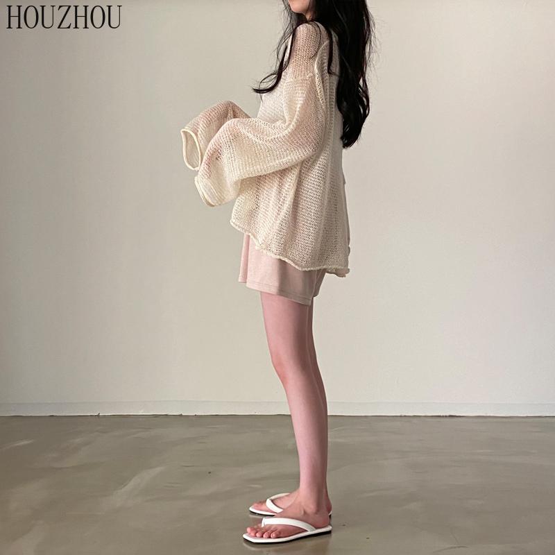 HOUZHOU открытые топы, женские винтажные элегантные повседневные уличные свитера с круглым вырезом, шикарные свободные свитера, трендовые пуловеры