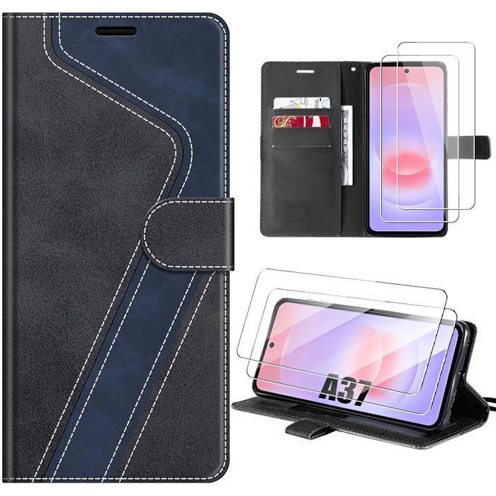 Coque Rabat - BOOLING - pour Samsung Galaxy A37 5G - Cuir PU Noir Bleu Marine - 2 Verres Trempés
