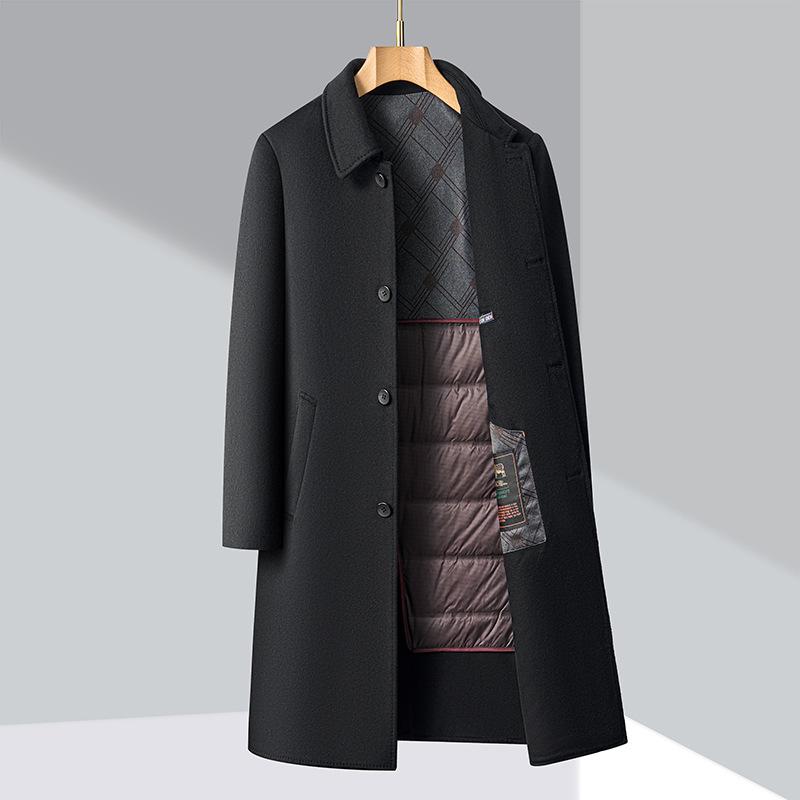 Двустороннее шерстяное длинное пальто для мужчин со съемной пуховой подкладкой, утолщенное шерстяное пальто с лацканами на пуговицах для мужчин среднего и пожилого возраста