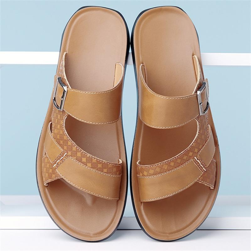 Slippers for Men 2025New Casual Slipper Summer Open Toe Beach Shoes Outdoor Non-slip Flat Slides Lightweight PU Leather Slippers