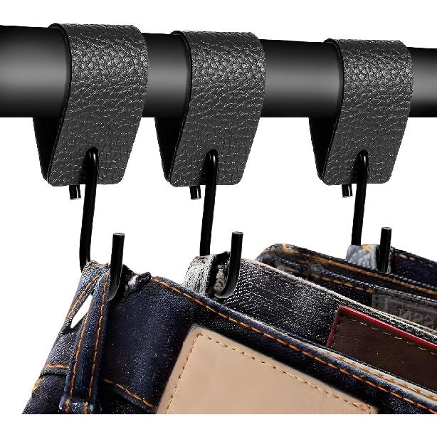 Leather S Metal Hooks,3 Pcs Multifunctional S-Hooks with PU Leather Coat S Hooks for Hanging Clothes Outdoor Camping Hanging Kitchen(Black)