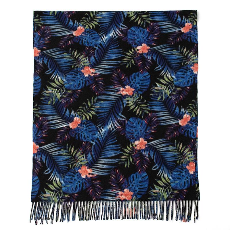 New Soft and Warm Cashmere Like Blue and Black Leaf Print Tassel Scarf High End Women's Scarf