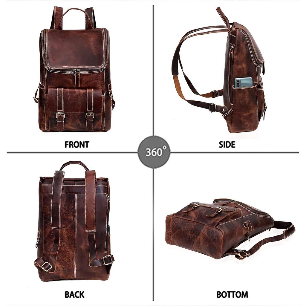 Leather Backpack for Men - 17 Inch Laptop Bag - Vintage Travel Rucksack - Casual Daypack for Womens (BROWN)
