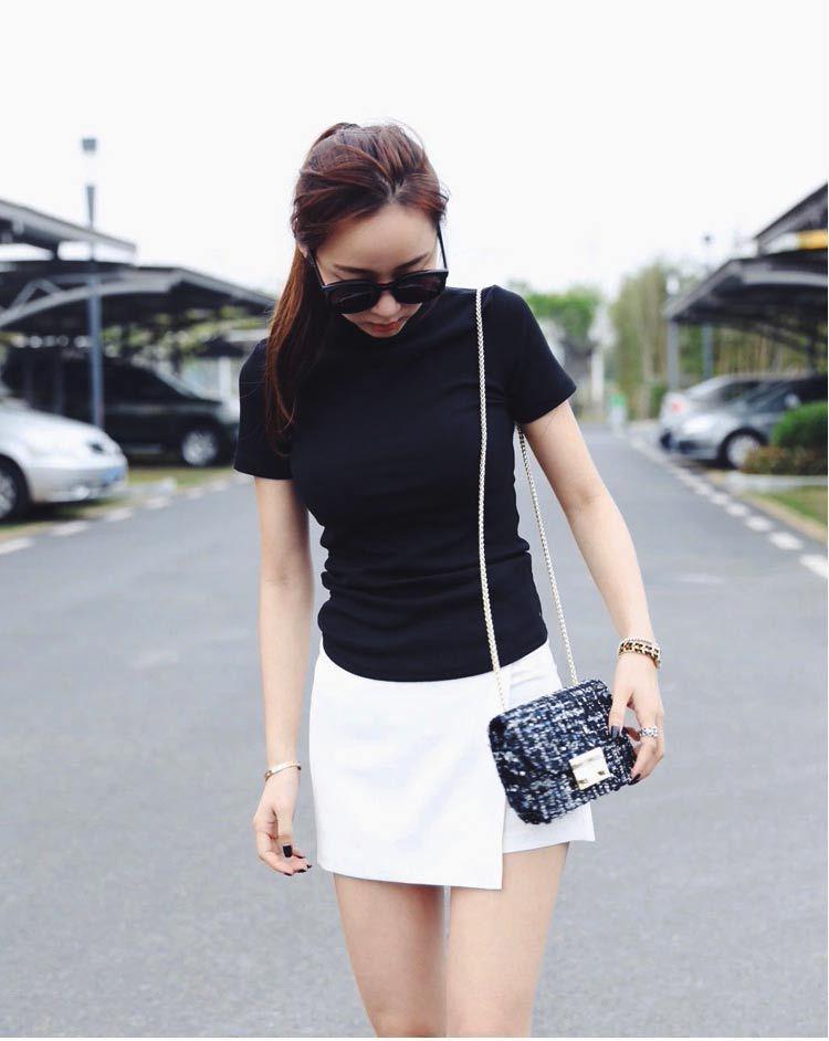 Корейская женская облегающая однотонная футболка с коротким рукавом и полуворотом