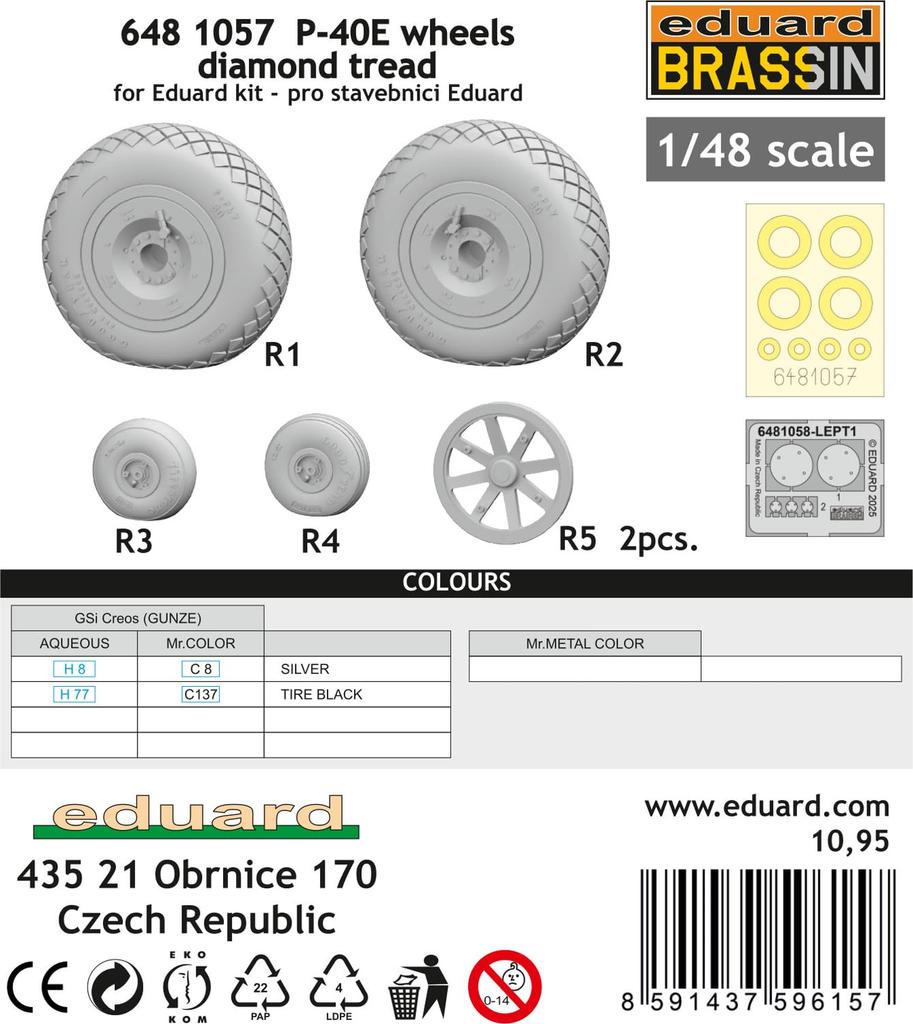 Eduard 1/48 Brassin P-40E Wheels with Diamond Treads (for Eduard) Plastic Model Parts EDU6481057 (Airplane)