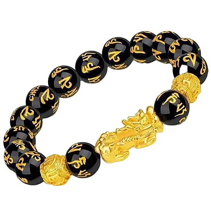 Chinese Style Pixiu Six-character Mantra Obsidian Stone Beads Bracelet For Men Women Wristband Wealth And Good Luck Bracelet