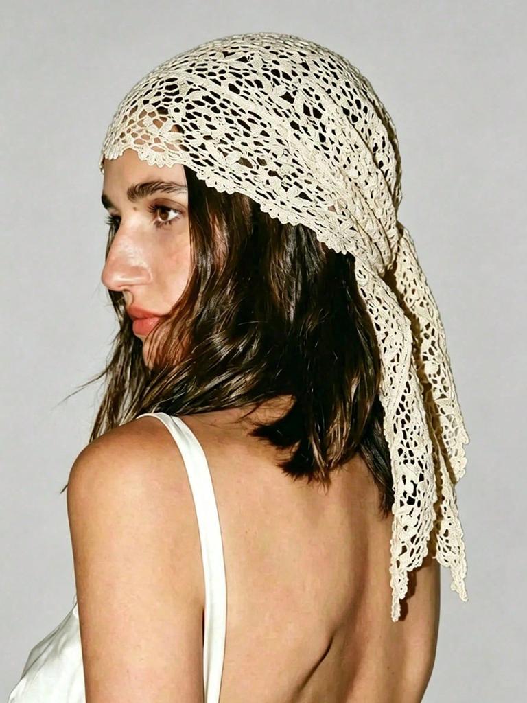 1pc Bohemian Floral Knitted Lace Crochet Headscarf Breathable Sun Protection Headscarf Suitable For Beach Vacation Daily Wear