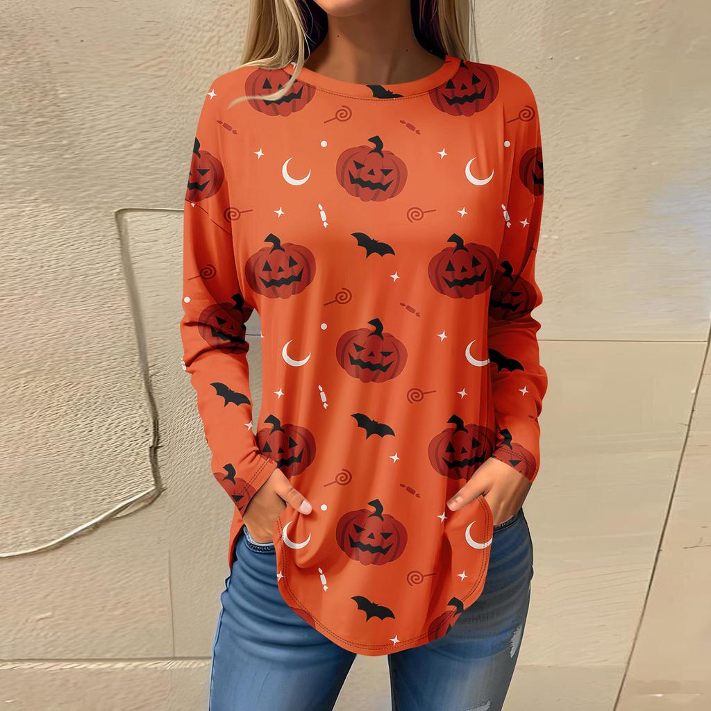 Tee Shirts For Women Fall Casual Long Sleeve Shirts Sweatshirt Halloween Printing Top Pullover