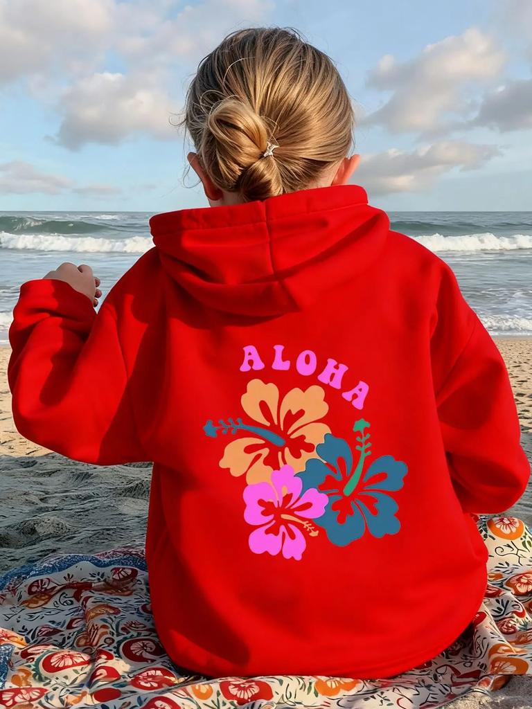 Teen Girls Black Aloha Graphic Hoodie Hibiscus Flower Back Printed Sweatshirt School Clothes Birthday Gift Autumn Tops