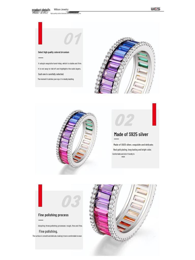 Cross-border S925 Rainbow Zircon Ring for Men & Women - Single Row Pave Gemstone, European & American Fashion Personality