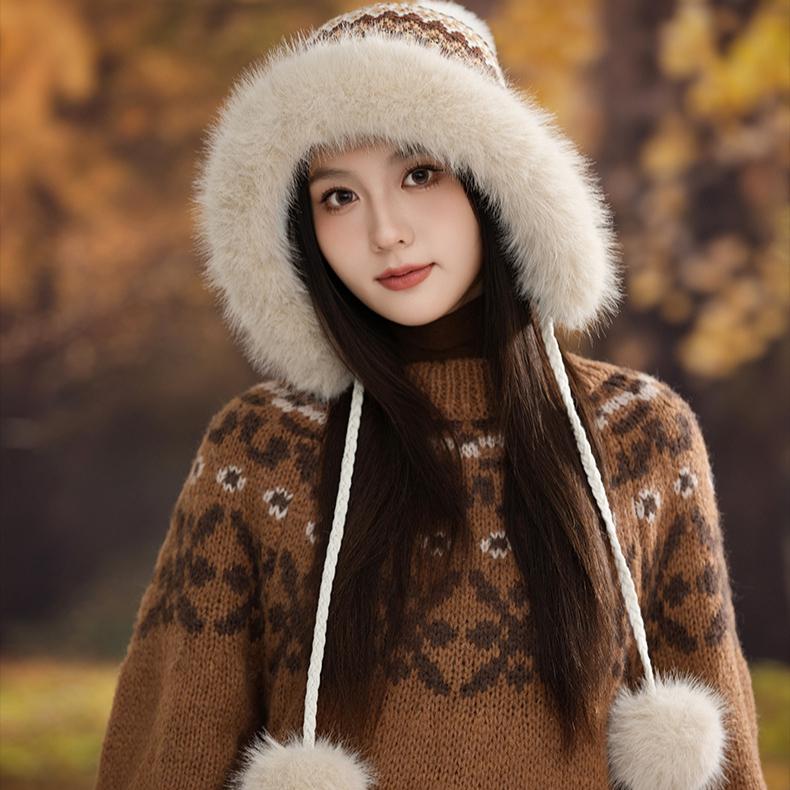 Winter Retro Ethnic Style Knitted Hat Children Thickened Velvet Cold-proof Wool Hat Warm Ear Protector Hairball Bag Head Hat