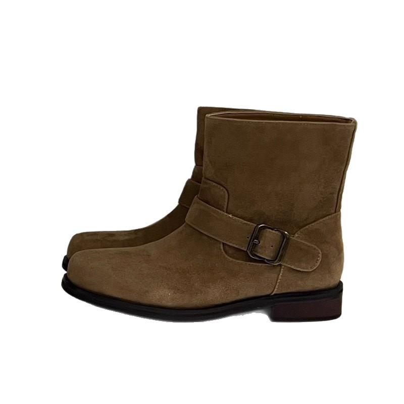 Версия из овчины~ ретро замшевые матовые с круглым носком на толстом каблуке с ремешком и пряжкой короткие ботинки женские 2025 ковбойские ботинки в западном стиле ботинки Мартин
