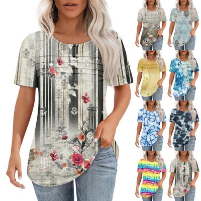 Футболки для женщин, плиссированные, с круглым вырезом, нарядные, повседневные, блузки с принтом, с коротким рукавом, летние топы, свободный крой