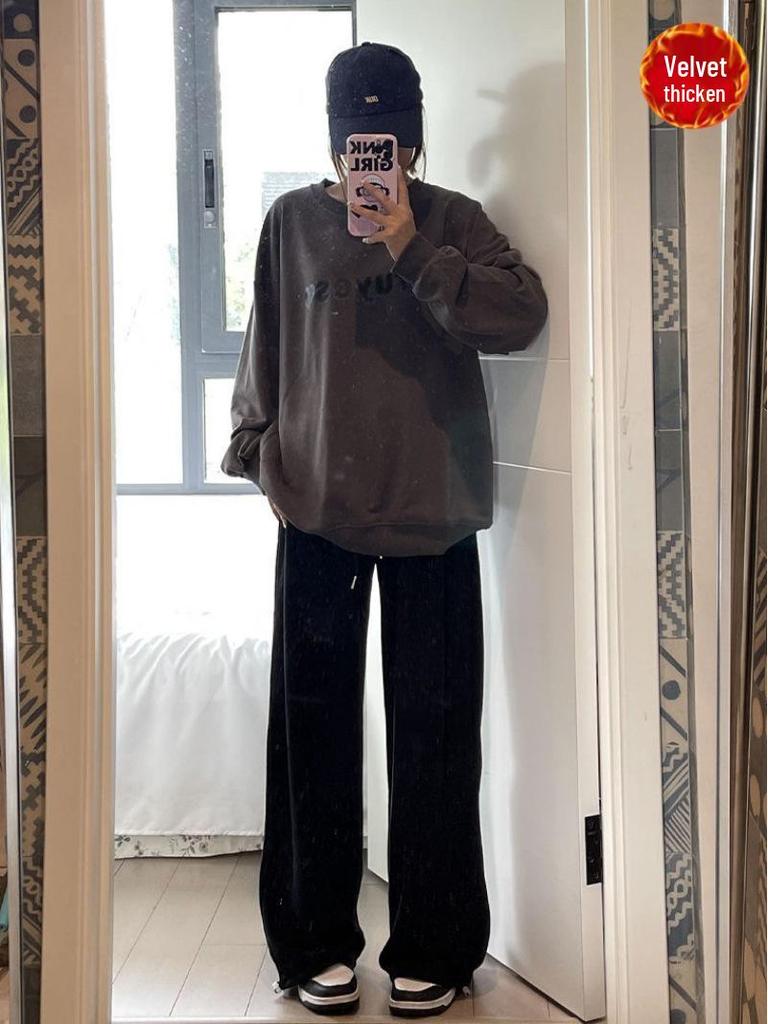 Women's American-Style Gray Sweatpants: Spring & Autumn Loose Fit, Slimming, Wide-Leg, Straight-Leg, Winter Fleece-Lined.