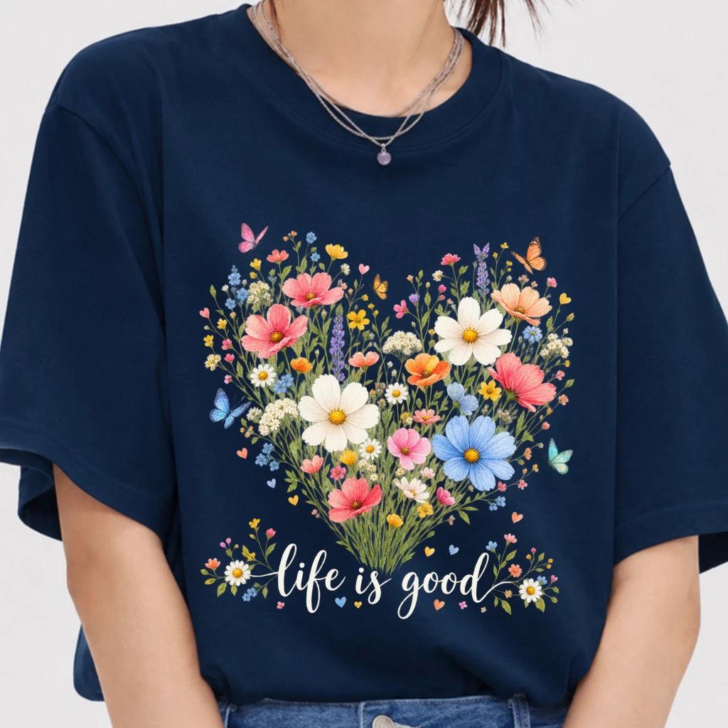 Wildflower Shirt Life Is Good Floral Heart Butterfly Women T-Shirt Pastel Boho