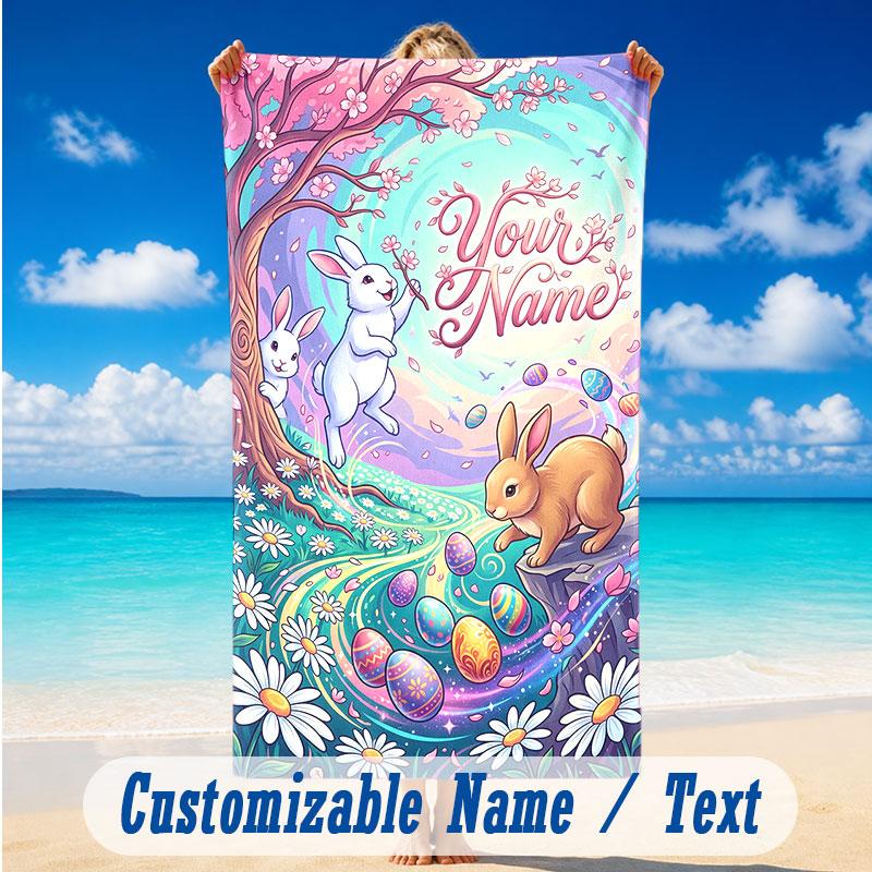 Easter Bunny Theme Beach Towel Personalized Custom Name & Text Soft Quick Dry Beach Towel for Swimming Travel