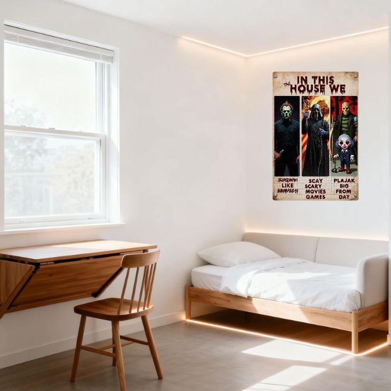 Готический хоррор Семейная металлическая жестяная табличка - В этом доме мы [НЕ] любим конфеты, страшные фильмы, Большой от дневной панели для H