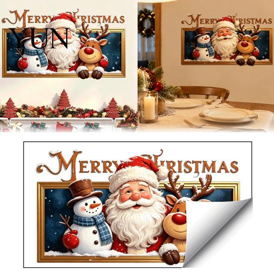 Winter Holiday Wall Decorations Christmas Stickers, Santa Claus Reindeer And Snowman Decals with Photo Frame Design, Removable PVC Self-adhesive