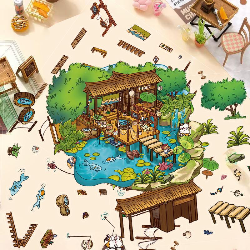 Cartoon Landscape Stickers Multiple Miniature World 3D Hut Unzip DIY Scene Manual Post