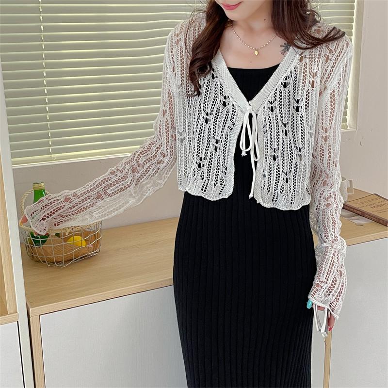 Summer Women's Knitted Shawl Sweaters Lady Hollow Out Tie Up Air-conditioned Shirt Mesh Thin See Through Look Long Sleeve Loose Tops Sunscreen Shirt