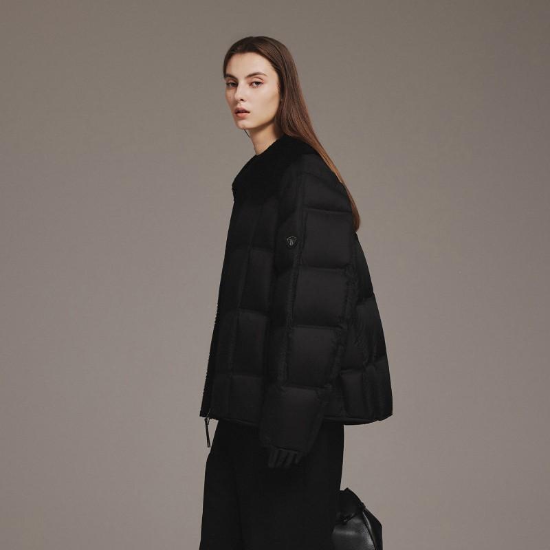 Womens Short Puffer Coat Solid Color Zip-Up Fleece Collar Warm Winter Jacket