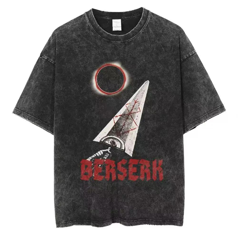 Washed Berserk Cotton Mens Vintage Japan Anime Oversize Shirts Streetwear Summer Short Sleeve TShirt Loose Cotton Tops