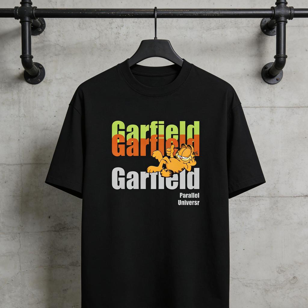 Garfield "Параллельная Вселенная" Многослойная Цветная Футболка с Принтом Букв, Короткий Рукав, Американский Уличный Стиль, Тяжелый Хлопок, Свободный Крой, Оверсайз, Топ для Пары