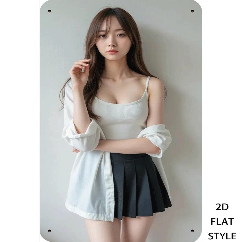 Hisun Tin Sign HD Metal Tin Sign Beautiful Asian Model in White Cami Pleated Skirt Studio Portrait Wall Art Decor
