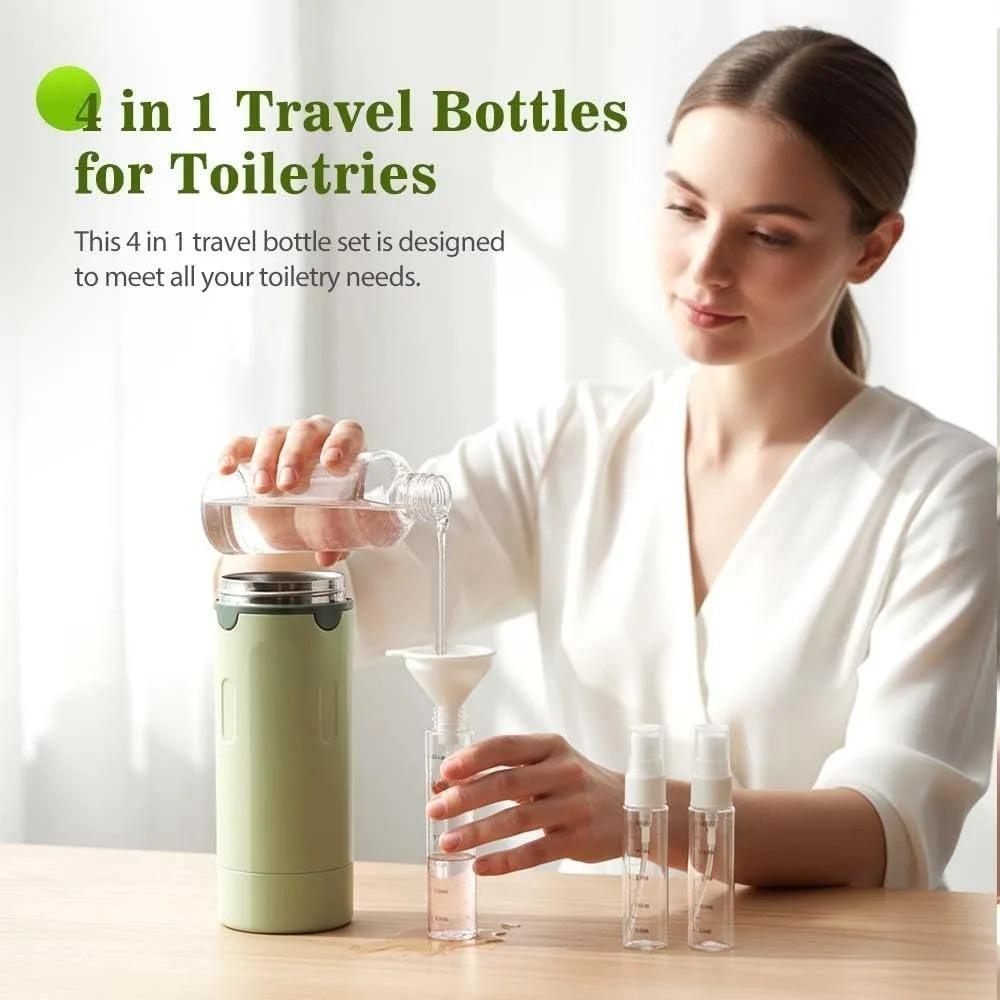 4-in-1 Travel Toiletry Bottles – Leak-Proof Refillable Containers with Measurement Scale & Labels
