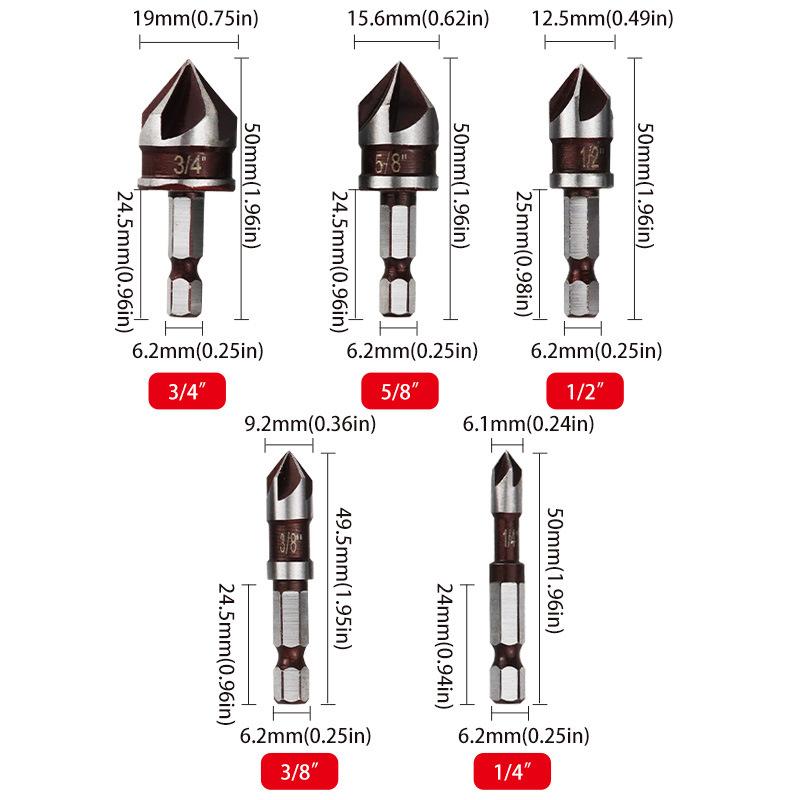 5 шт./набор 1/2"1/4" 3/8" 3/4"5/8" Зенковочное сверло Шестигранный хвостовик Фреза Резак для отверстий Дерево Металл Пластик Инструменты для снятия фаски